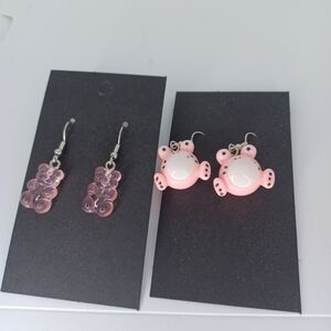 Handmade Pink Bear and Frog Earrings Set